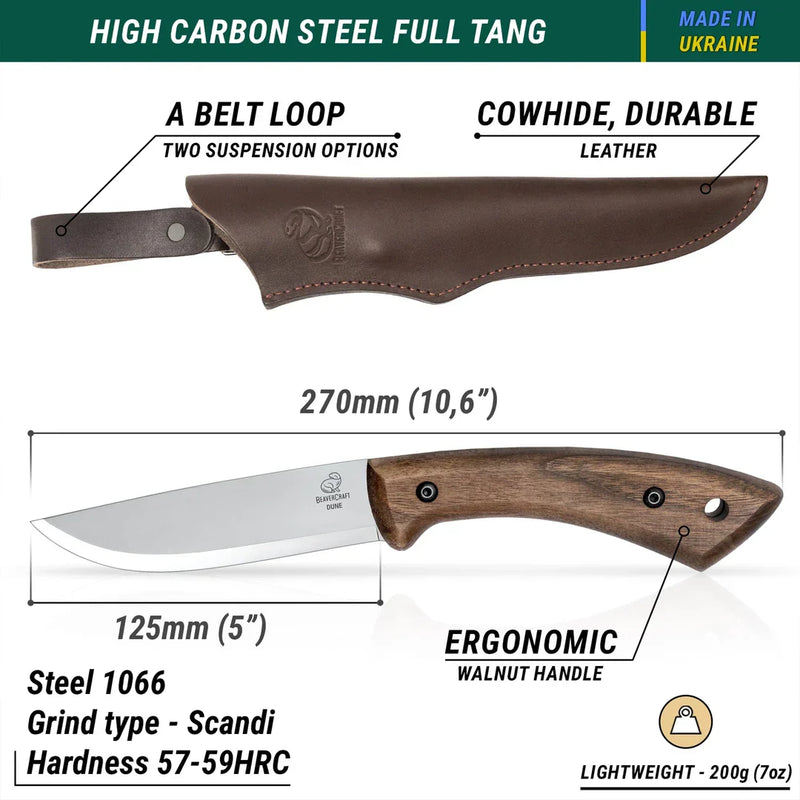 BeaverCraft - BSH1 Carbon Steel Bushcraft Knife with Walnut Handle-Glacier